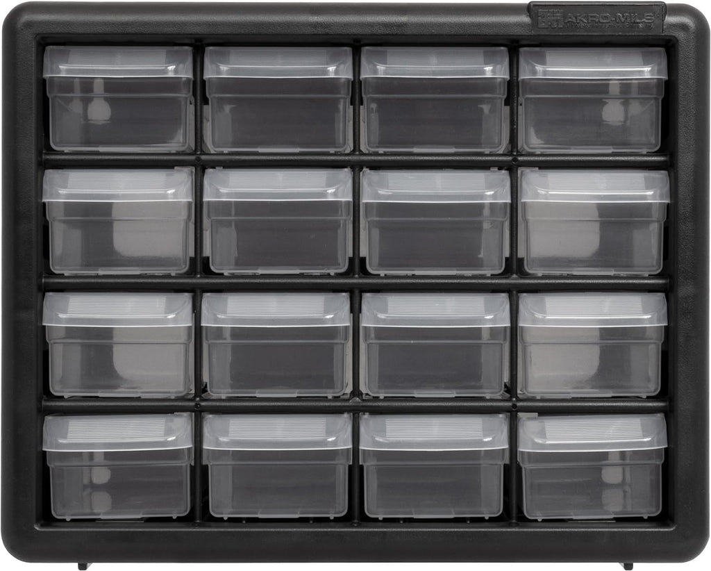 Akro-Mils 16-Drawer Plastic Cabinet for Garage Organization, Beads, Makeup Organizer, Building Bricks Storage, Teacher Toolbox, 10-1/2' W x 6-1/2' D x 8-1/2' H, 10716 Black (Pack of 4)