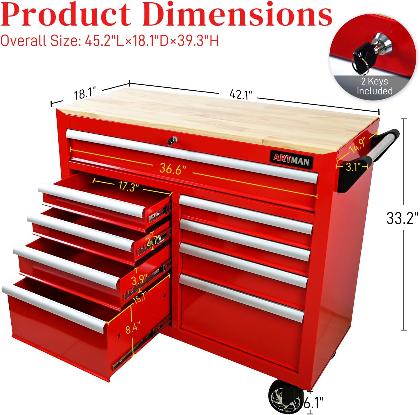 Heavy Duty Rolling Tool Chest with 9-Drawer Wood Top Tool Cart Mechanic Tool Box with Wheels Tool Storage Cabinet Mobile Workbench Tool Bench for Garage, Warehouse, Workshop, Repair Shop (Red)