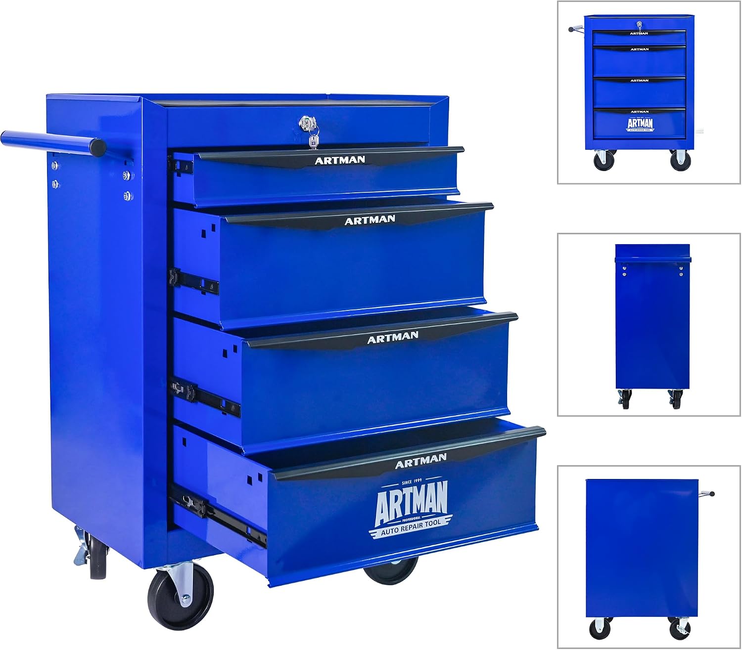 Rolling Tool Box with Wheels, Mechanics Tool Chest with 4 Drawers, Tool Box Organizer with 7 Tool Storage Boxes, Lockable Tool Storage Cabinet for Home Garage Workshop Warehouse Repair Shop, Blue