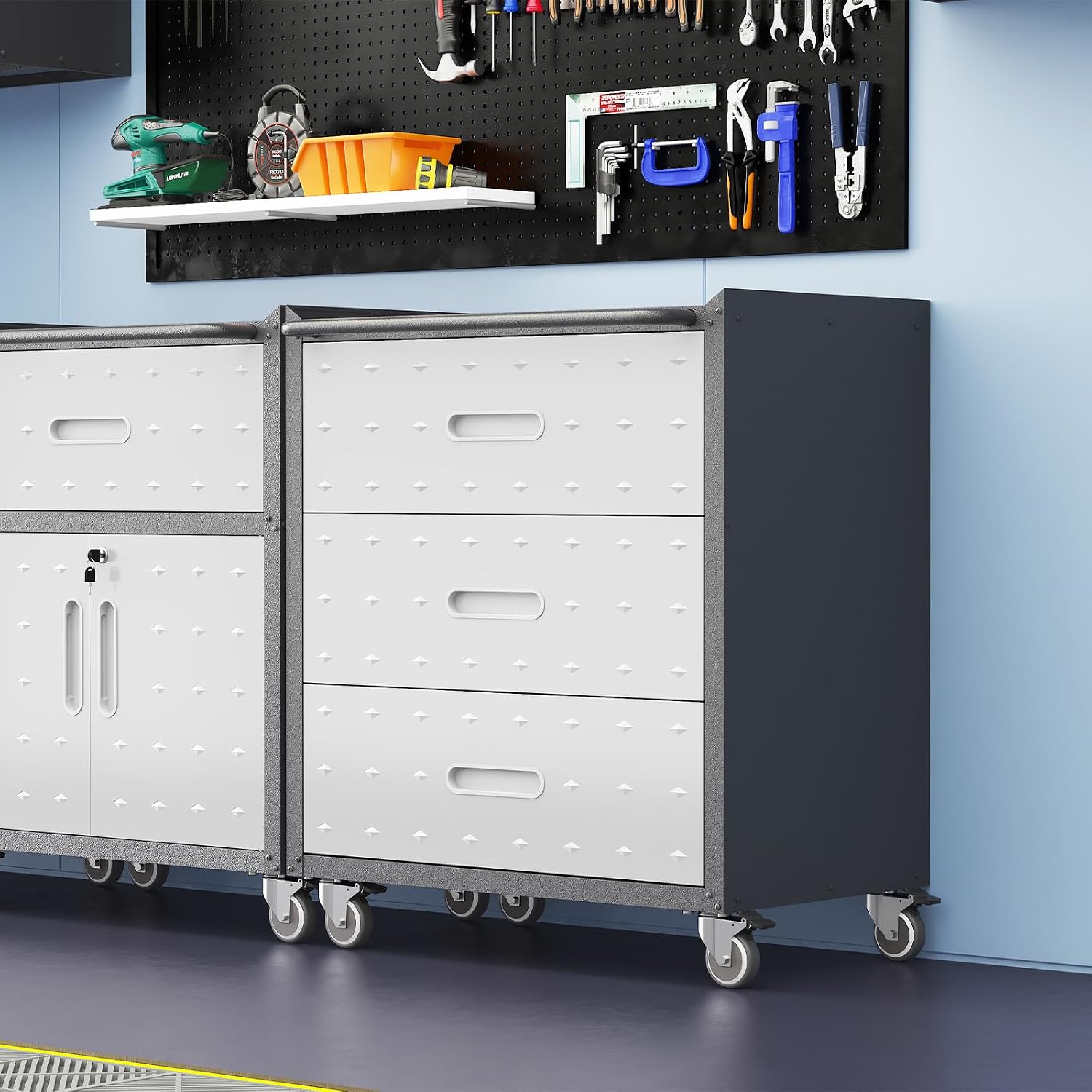 Metal Garage Cabinet on Wheels, Heavy Duty Steel Rolling Tool Cabinets with Drawers, Mobile Tool Cart Garage Storage Cabinets for Warehouse Basement, Assembly Required