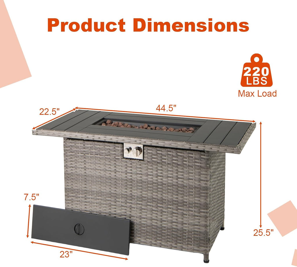 Tangkula 44.5 Inch Propane Fire Pit Table, Outdoor Rattan Gas Firepit with Metal Slatted Tabletop & Stainless Steel Burner, Rectangle Fire Pit with Lava Rocks & Protective Cover for Outside Patio