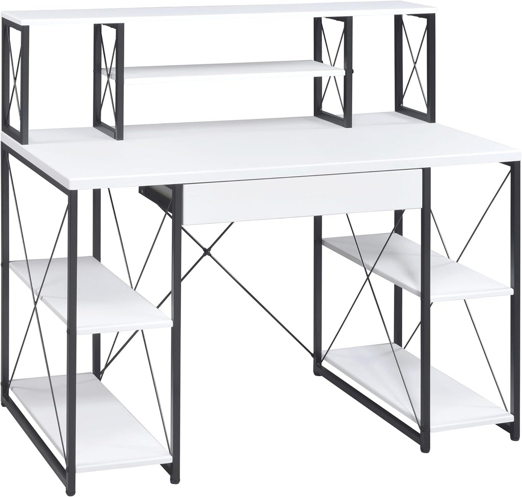 Modern Computer Desk with Hutch and Open Shelves, Foldable Adjustable Portable Gaming Study Desk Table with Wheels for Bedroom Office Student Sturdy Furniture,White-Wood