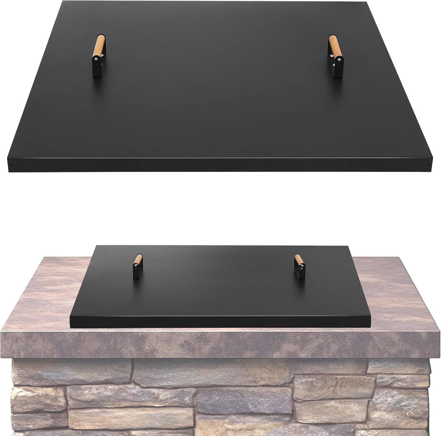 Fire Pit Lid Square 34', Heat Resistant Metal Firepit Cover with 2 Wooden Handles for Square Patio Fire Pit, Compatible for Firepits Inside Dia Up to 32'