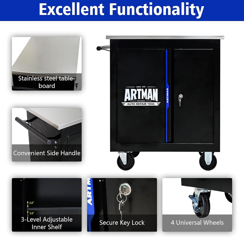 1 Cabinet Tool Cart on Wheels with Stainless Steel Worktop, Heavy Duty Mobile Rolling Drawer Tool Chest with Secure Locking System & Locking Wheels for Garage,Warehouse,Workshop (Black&Blue)