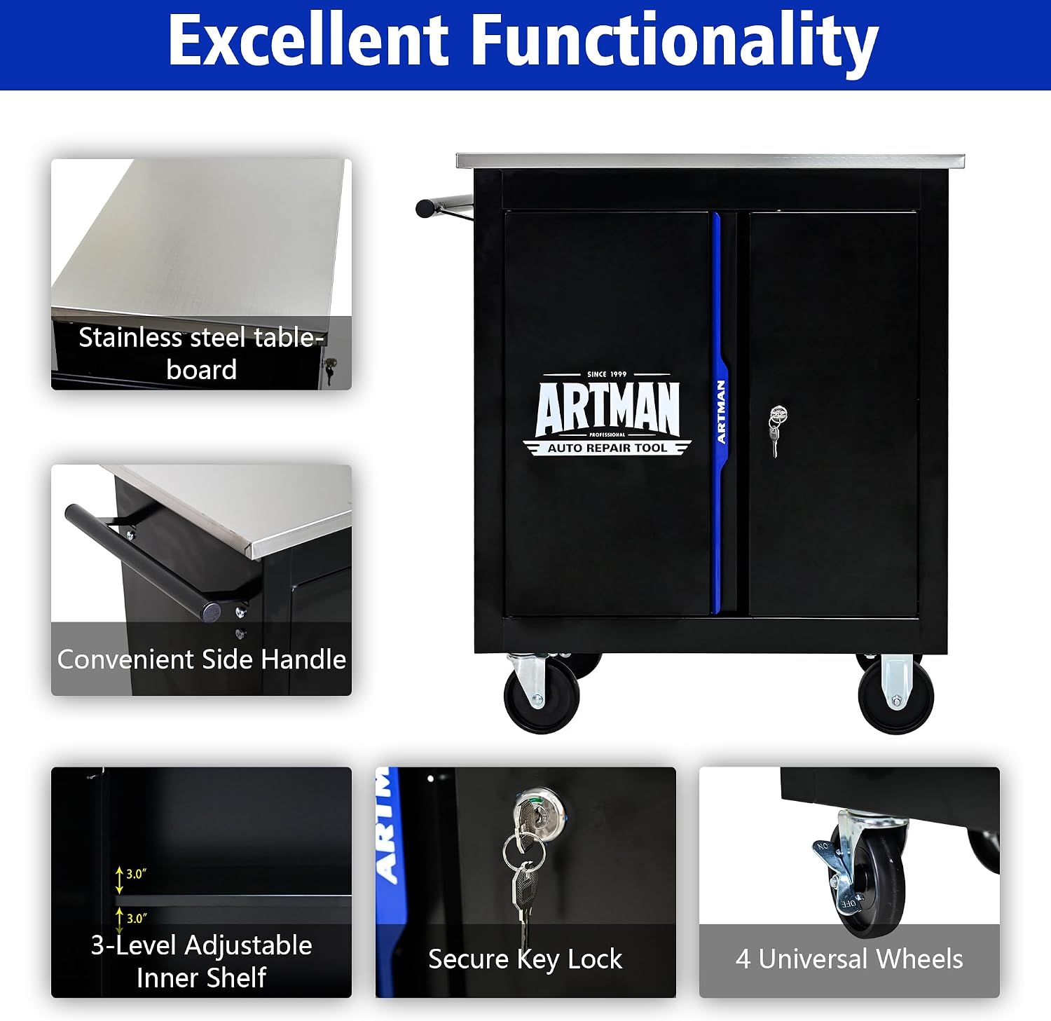 1 Cabinet Tool Cart on Wheels with Stainless Steel Worktop, Heavy Duty Mobile Rolling Drawer Tool Chest with Secure Locking System & Locking Wheels for Garage,Warehouse,Workshop (Black&Blue)