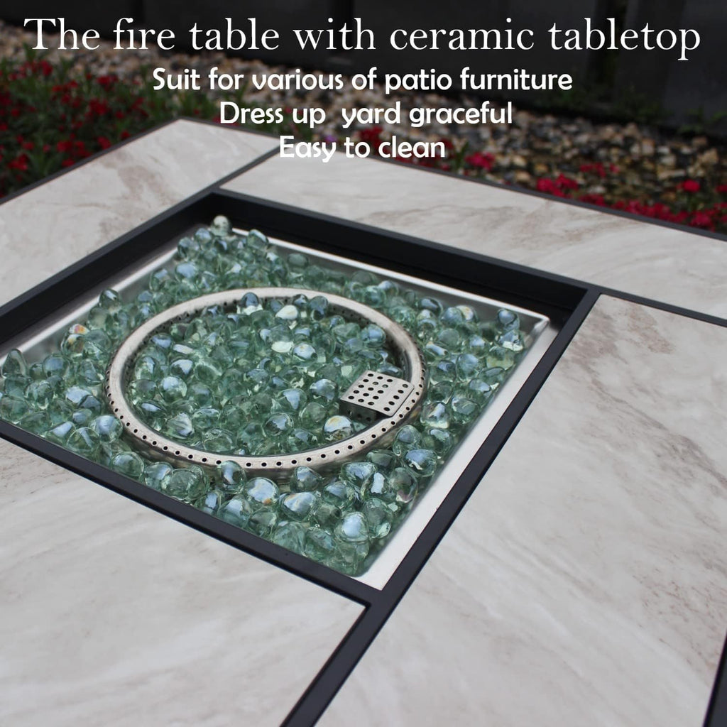 OutVue 30' Propane Fire Pit with Real Ceramic Tabletop, 50000 BTU Gas Firepit Table with Lid & Glass Rock, Outdoor Fire Pit for Dining or Party, Firepit for Outside, Patio, Garden, Yard