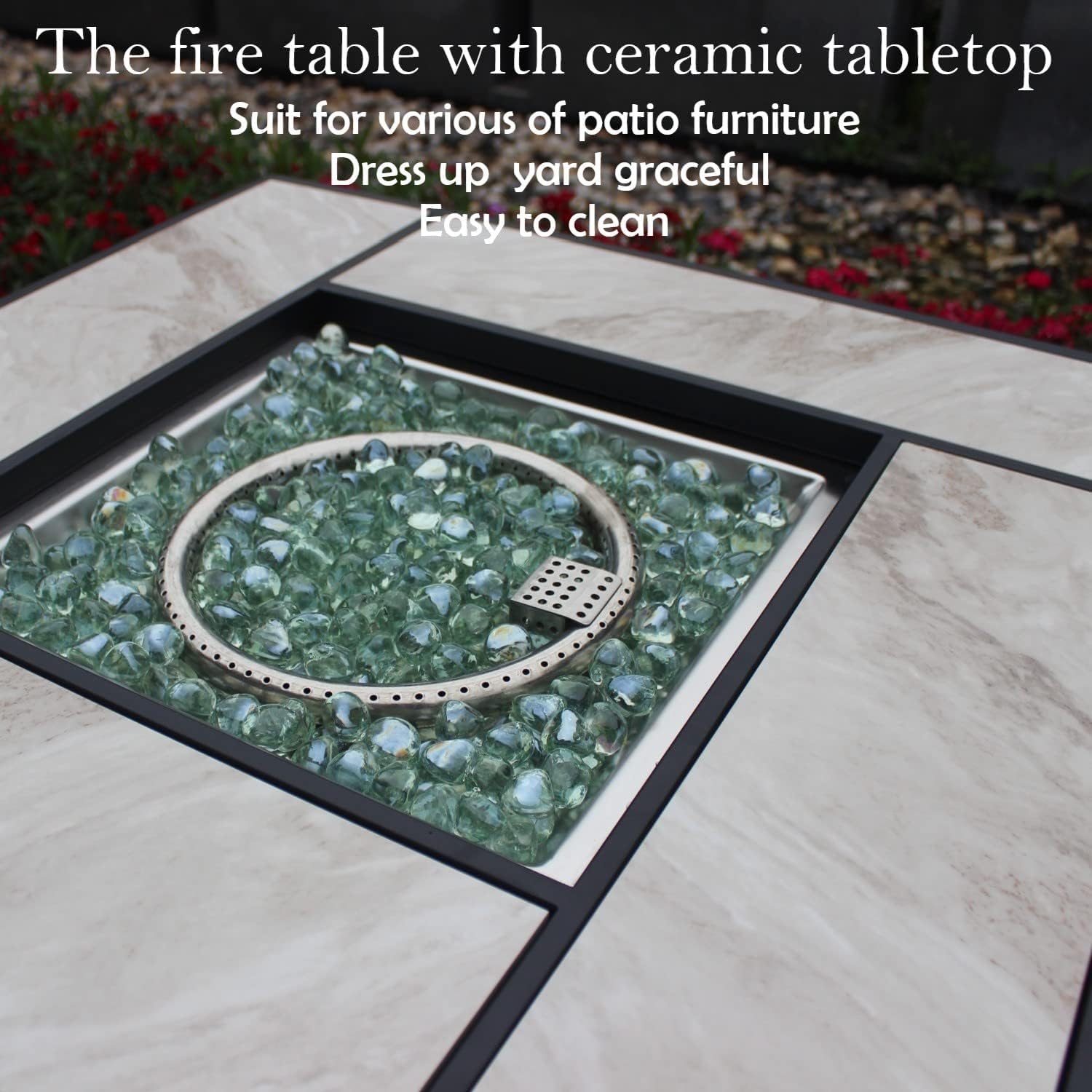 OutVue 30' Propane Fire Pit with Real Ceramic Tabletop, 50000 BTU Gas Firepit Table with Lid & Glass Rock, Outdoor Fire Pit for Dining or Party, Firepit for Outside, Patio, Garden, Yard