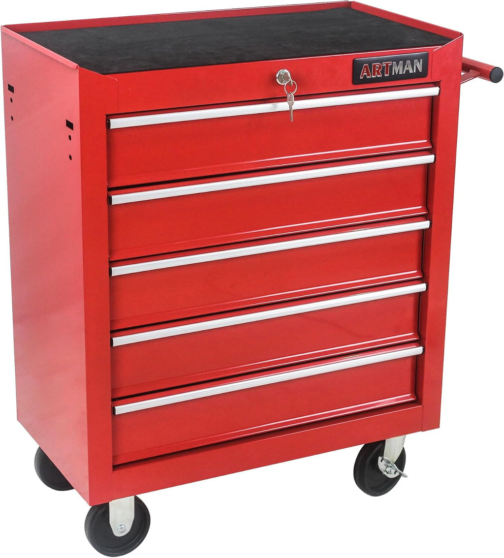 5 Drawers Tool Cart on Wheels, 5 Drawer Rolling Tool Chest with Key Lock, Trolley Organizer Tool Case, Multifunctional Rolling Tool Box for Garage,Warehouse,Workshop,Repair Shop (Red)