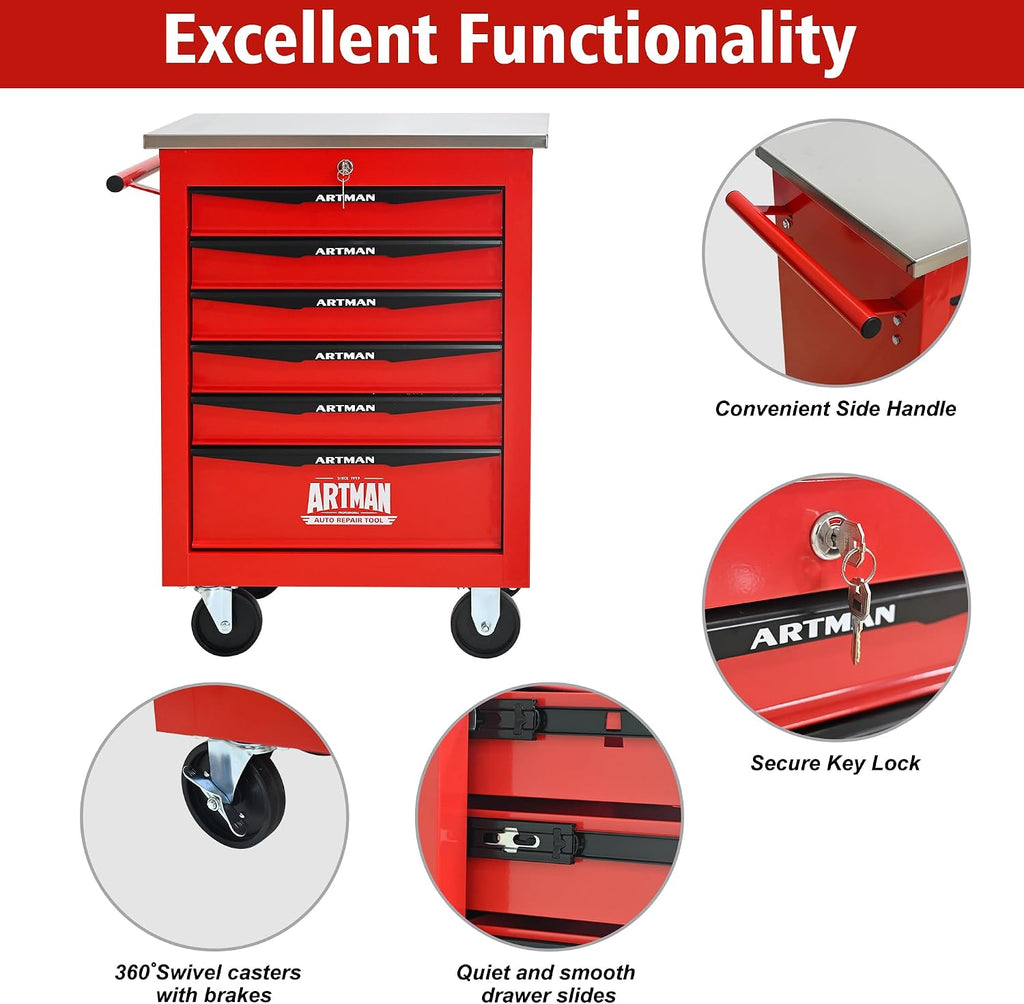 6 Drawers Rolling Tool Box on Wheels, Stainless Steel Countertop Tool Chest Cabinet with Lock, Drawers Rolling Tool Cart Trolley Organizer Tool Case for Garage,Warehouse (Red)