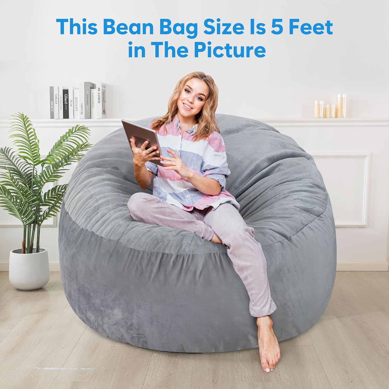 SHOUREN 5 Ft Bean Bag Chair,Memory Foam Bean Bag Chairs for Adults,Bean Bag Sofa for Living Room,Beanbag with Filler Included,Soft Velvet Fabric,Pull-Handle - 5 Foot,Dark Grey