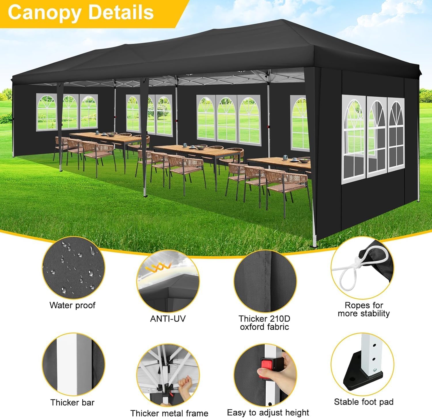 COBIZI Canopy 10x30 Pop Up Canopy Tent with 8 Sidewalls Party Tents for Parties Wedding Backyard Waterproof Outdoor Commercial Event Tent with Stakes, Ropes, Sandbags, Black