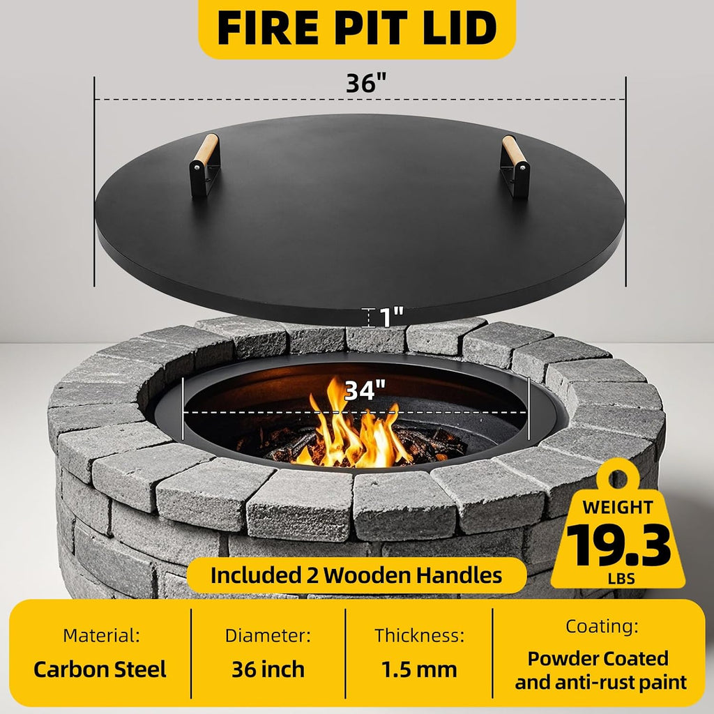 G GOOD GAIN Firepit Lid Round 36 Inch - Rust Resistant Fire Pit Lid Cover with Wooden Handle & Gloves, Fire Pit Snuffer Lid for Courtyards, Patio, Winter Cold Protection. Fits Fire Pits Up to 34'