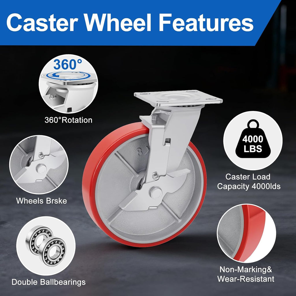 Nefish 8 Inch Industrial Casters Set of 4, Heavy Duty Casters with Brake 6000 Lbs, No Noise Polyurethane Wheel on Steel Hub, Swivel Plate Caster Wheels for Toolbox Workbench (4 Swivel & Brakes)