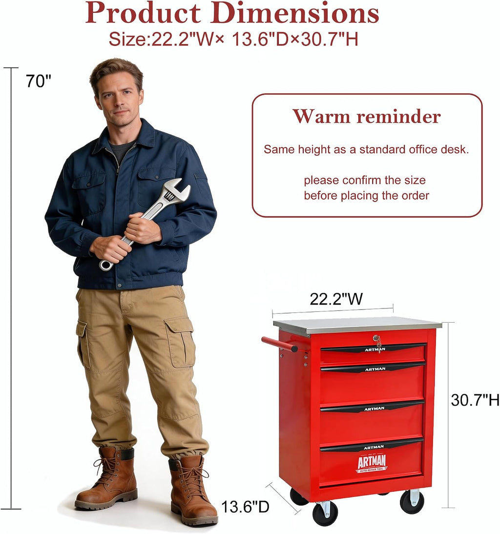 RYH 4/5/6/7 Drawers Rolling Tool Chest -Heavy Duty Mobile Metal Tool Box with Locking Wheels, with Stainless Steel Worktop, Garage Tool Storage Cabinet (Red, 4-Drawers 30.7' H×22.2' W)