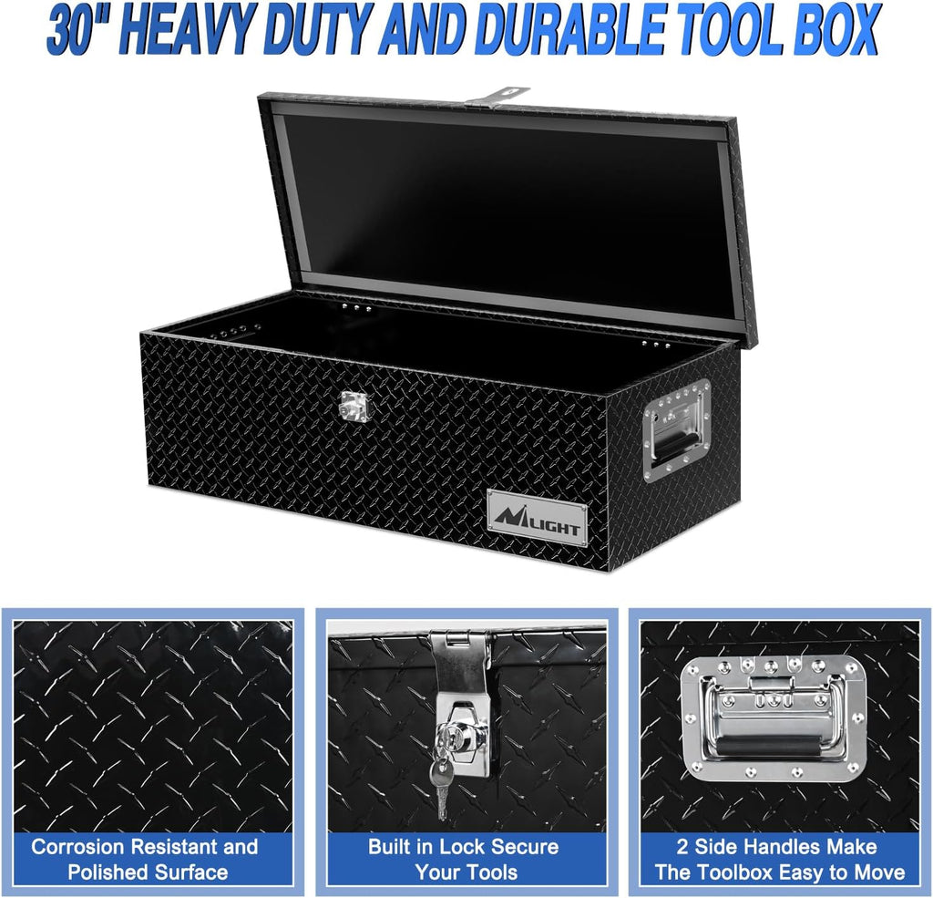 Nilight 30 Inch Truck Tool Box Heavy Duty Aluminum Diamond Plate Truck Bed Toolboxes 30''X13''X9.6'' Waterproof Pick-Up Storage Tool Boxes for Bed of Truck RV Trailer with Side Handle Lock Keys, Black