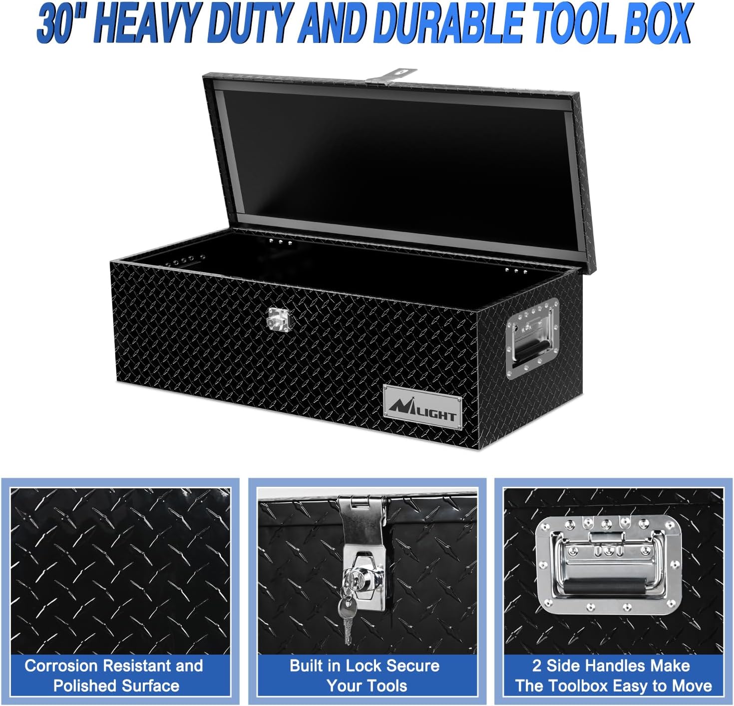 Nilight 30 Inch Truck Tool Box Heavy Duty Aluminum Diamond Plate Truck Bed Toolboxes 30''X13''X9.6'' Waterproof Pick-Up Storage Tool Boxes for Bed of Truck RV Trailer with Side Handle Lock Keys, Black