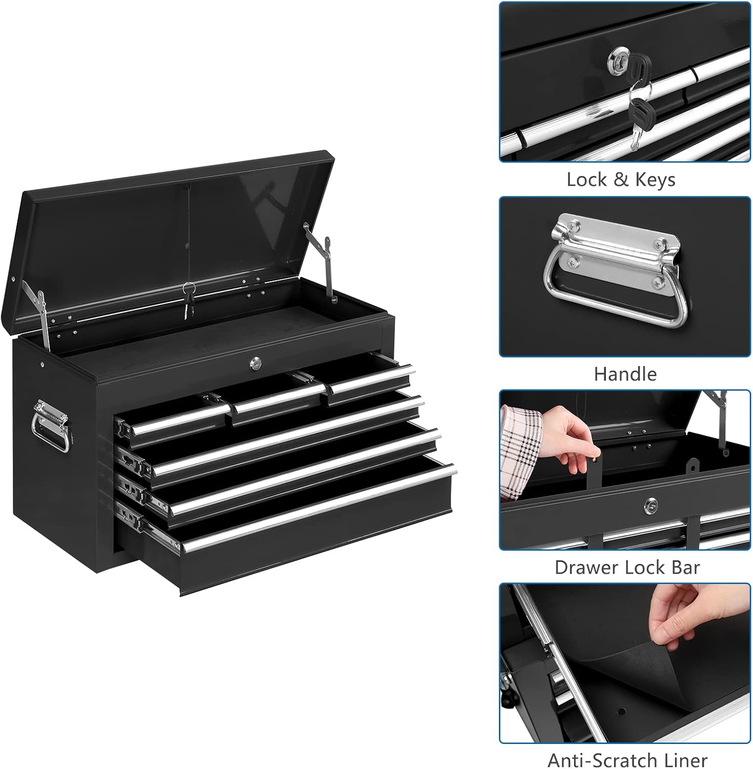 TUFFIOM 8-Drawer Rolling Tool Chest w/Lock, Tool Storage Cabinet w/Wheels, Detachable Top, Drawers & Drawer Liners, Tool Organizer Box for Garage, Warehouse & Repair Shop