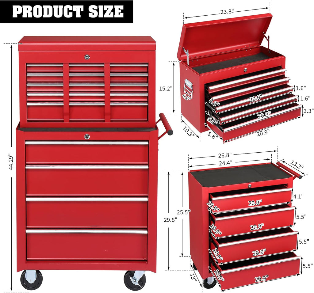 Winado 9-Drawer Rolling Tool Chest with Wheels & Lock & Key, Tool Box with Large Storage Cabinet, Removable Portable Top Box for Garage, Warehouse, Repair Shop & Home, (Red)