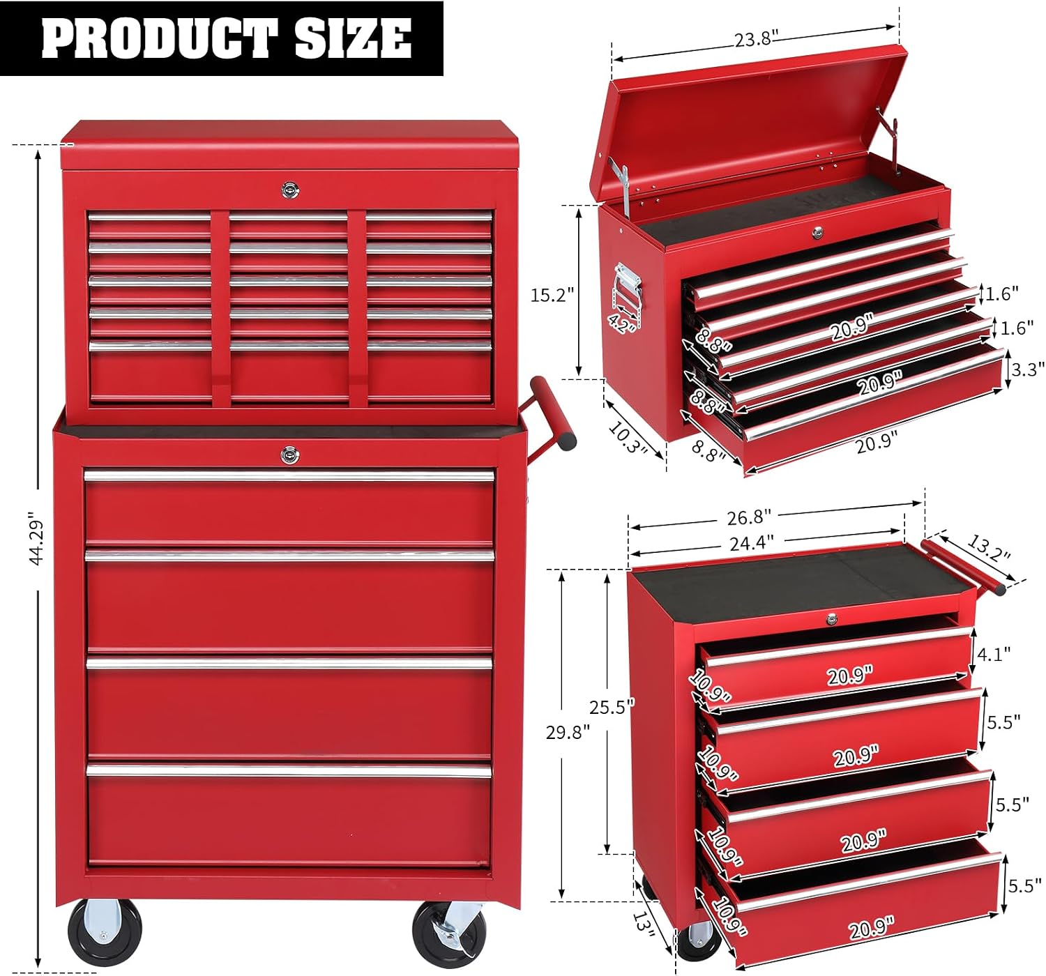 Winado 9-Drawer Rolling Tool Chest with Wheels & Lock & Key, Tool Box with Large Storage Cabinet, Removable Portable Top Box for Garage, Warehouse, Repair Shop & Home, (Red)