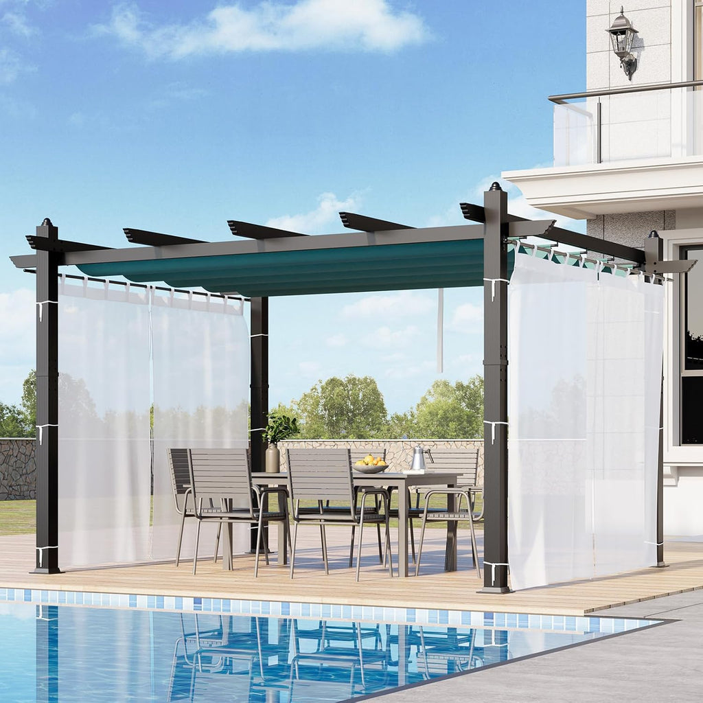 10x13 Ft Retractable Outdoor Pergola with Canopy and Side Mesh, Upgraded Gray Aluminum Pergola, Modern Pavilion for Backyard, Patio, Porch, Grape Trellis, Blue+White