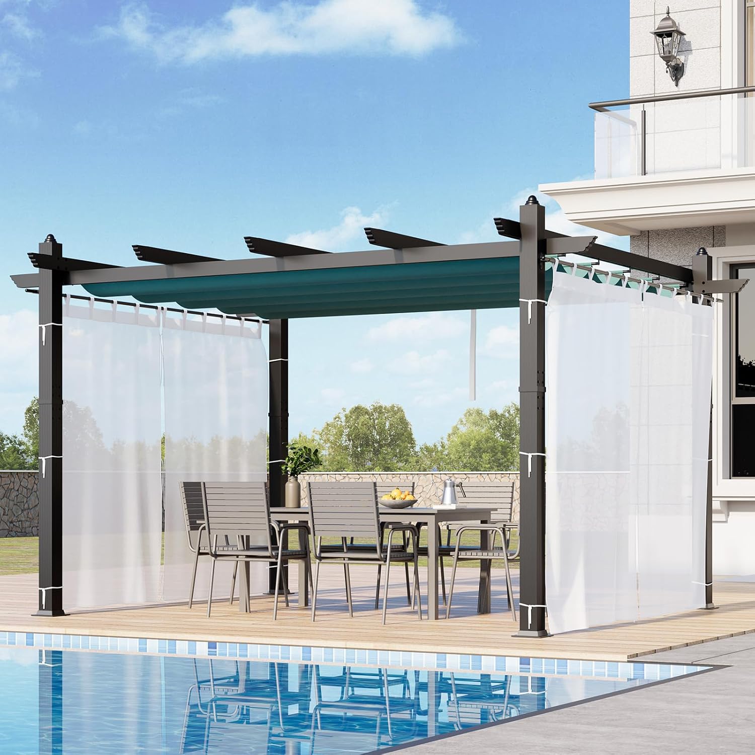 10x13 Ft Retractable Outdoor Pergola with Canopy and Side Mesh, Upgraded Gray Aluminum Pergola, Modern Pavilion for Backyard, Patio, Porch, Grape Trellis, Blue+White