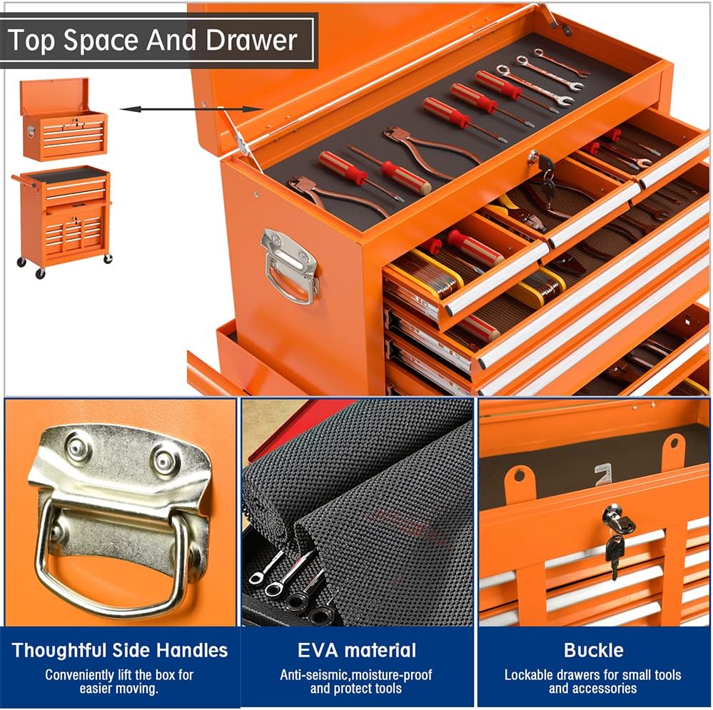 High Capacity Rolling Tool Boxes with Wheels and Drawers, 8-Drawer Storage Cabinet,Detachable Organizer Combo,Mobile Lockable Toolbox for Workshop Mechanics Garage (Orange)