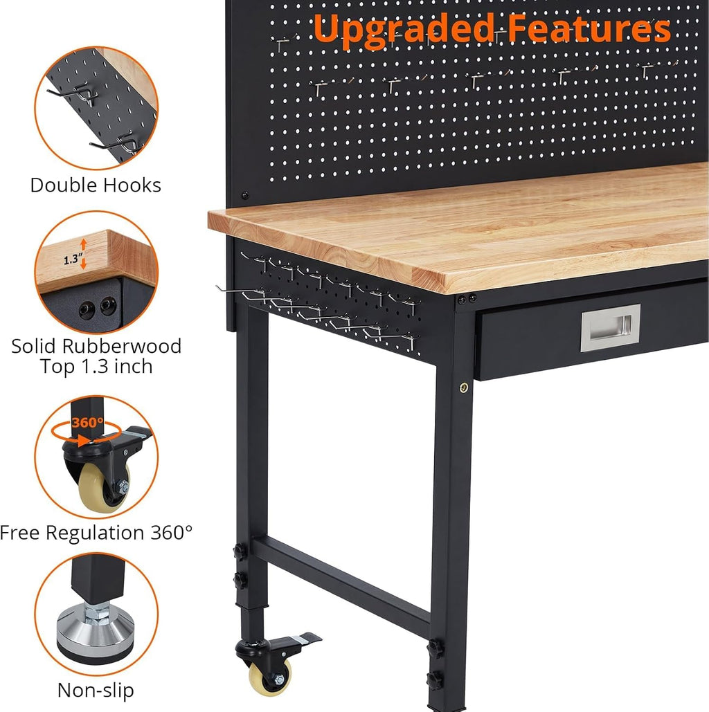 48' Adjustable Workbench with Wheels, 2000 LB Capacity, Power Outlets, Solid Hardwood Top, Heavy Duty Garage Work Table for Workshop, Home Office, DIY