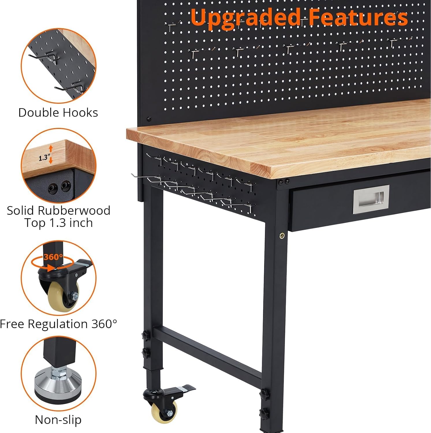 48' Adjustable Workbench with Wheels, 2000 LB Capacity, Power Outlets, Solid Hardwood Top, Heavy Duty Garage Work Table for Workshop, Home Office, DIY