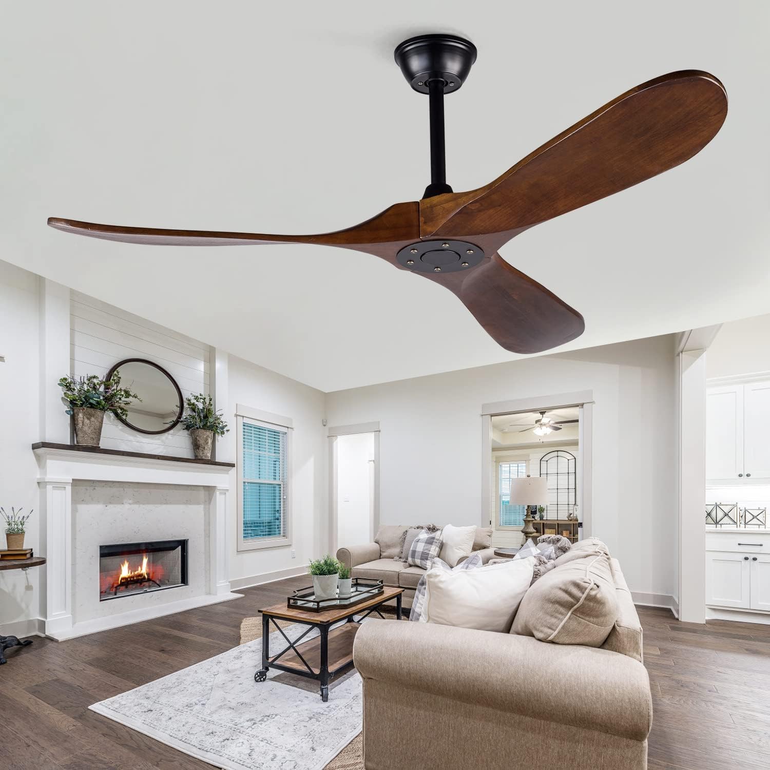 52 Inch Ceiling Fan No Light ，Wood Outdoor Ceiling Fans for Patios Living Room Bedroom 3 Blade Propeller Modern Ceiling Fan Without Light with remote Control(Walnut)
