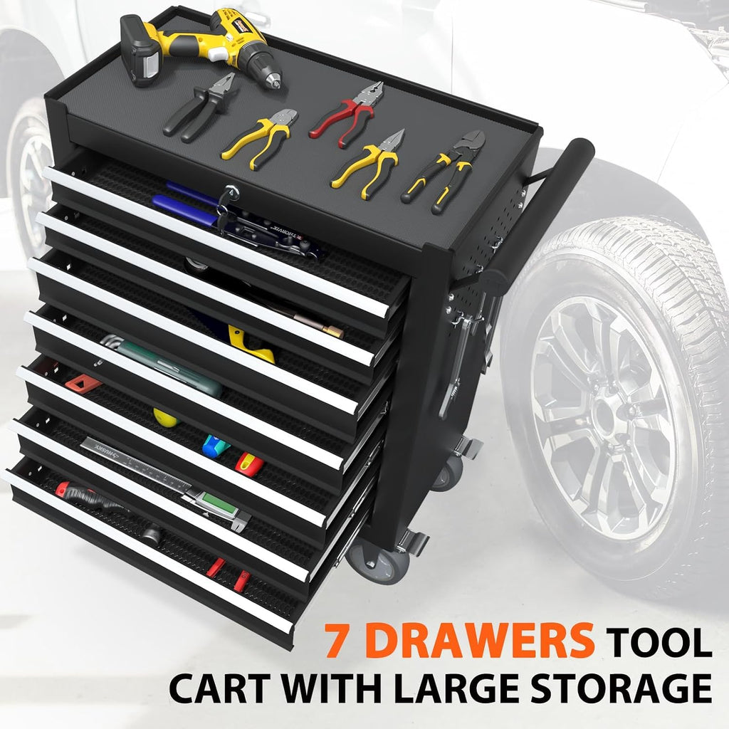 7-Drawer Rolling Tool Chest, Tool Box with 4 Wheels and Drawers, High Capacity Detachable Mobile Tool Storage Cabinet for Garage, Workshop, Mechanics and Repair Room (Black)