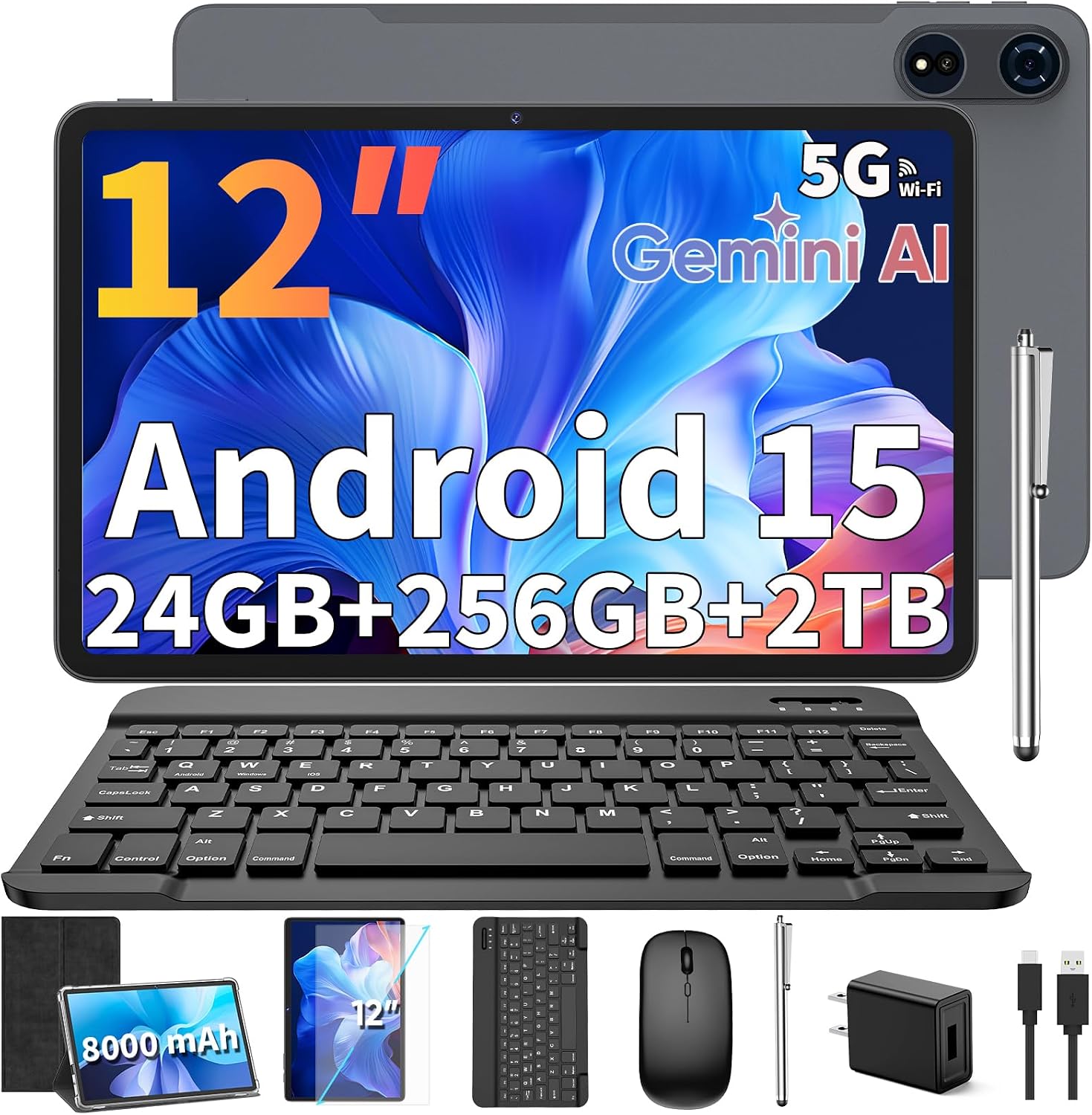 12 inch Android 15 Tablet, 2026 Tablet with Keyboard, 24GB+256GB+2TB Expand, 2 in 1 Tablets with Gemini AI, Octa-Core, 8000mAh, 5G WiFi, Widevine L1, GMS, Tablets PC with Case, Mouse, Stylus (Black)