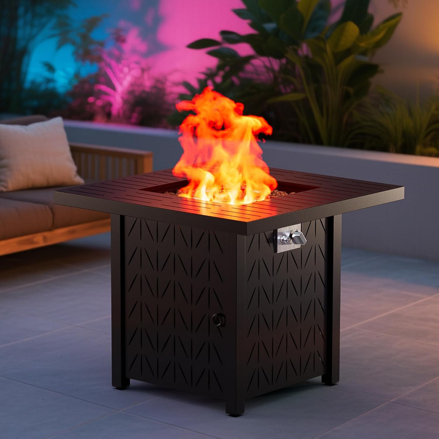 Dineli 28-Inch Square Propane Fire Pit Firepits for Outside Patio Fire Pit Table, Gas Fire Pits with Adjustable Feet, Tabletop Fire Pits for Backyard Deck Balcony, 50,000 BTU, Leaf Pattern - Black