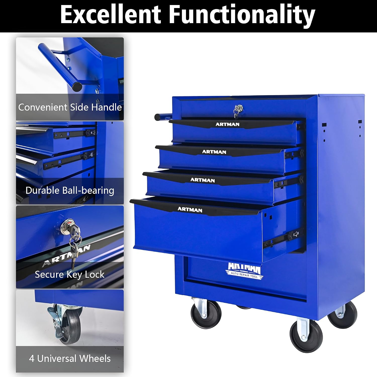Rolling Tool Box with Wheels, Mechanics Tool Chest with 5 Drawers, Tool Box Organizer with 7 Tool Storage Boxes, Lockable Tool Storage Cabinet for Home Garage Workshop Warehouse Repair Shop, Blue