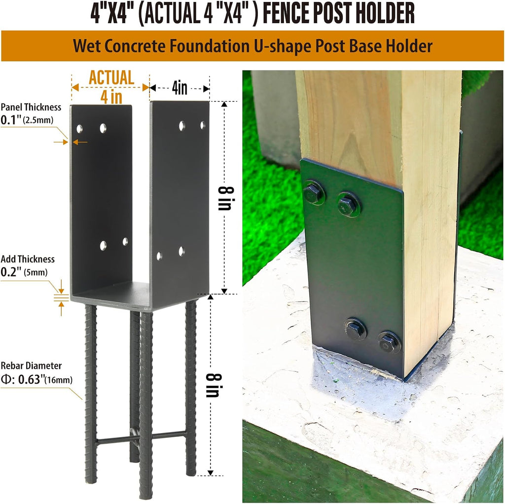 4 Pack Heavy Duty Stainless Steels U-Shape 4'x4'(Actually 4'x4') Wet Concrete Fence Post Holder, Psot Base, for Fence, Deck Railing, Pergola Wood Post Bracket Anchor (Dark Grey)