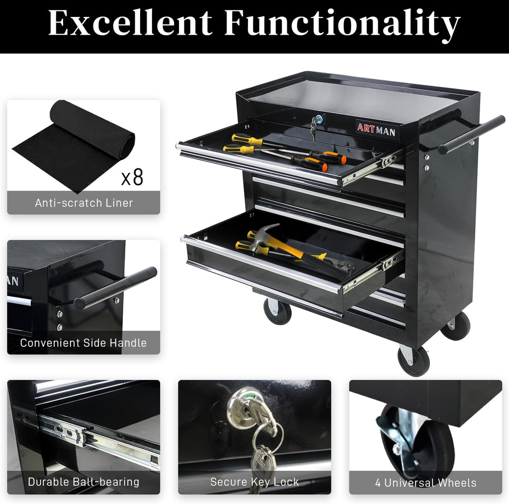 Rolling Tool Chest with 7-Drawer Tool Box with Wheels Multifunctional Tool Cart Mechanic Tool Storage Cabinet for Garage, Warehouse, Workshop, Repair Shop (Black)