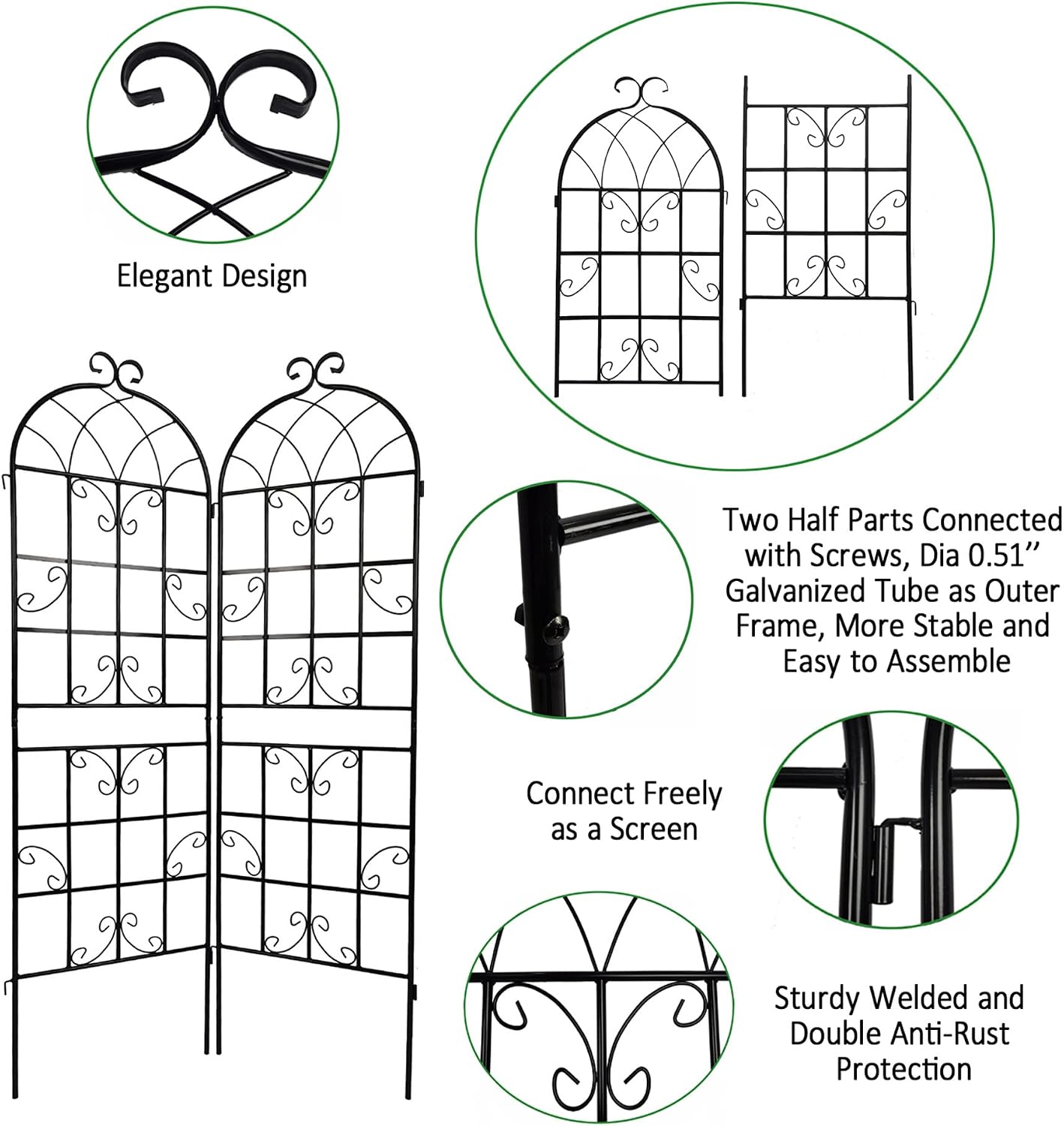 4 Pack 71'x80' Metal Garden Trellis with Galvanized Tube,Vines Plant Rose Vegetable Support,w/Pre-Cut and Pre-drilled Holes,Large Decorative Outdoor,for Backyard,Farm,Black