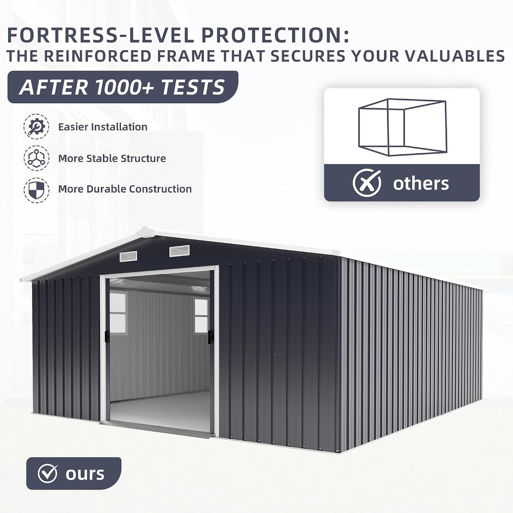 KEIKI 10' x 12' Metal Garden Storage Shed with Foundation Kit, Double Door Outdoor Tool Shed with 2 Windows, Color Steel Construction, Dark Gray