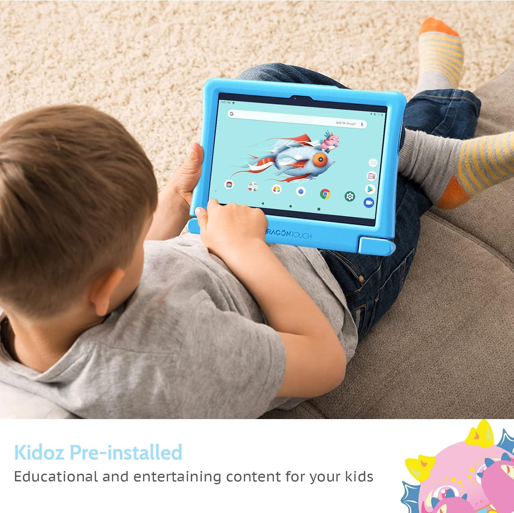 Dragon Touch Kids Tablet 10 inch IPS HD Display Android Tablets with 32GB Storage, 2GB RAM, Quad Core Processor, KIDOZ Pre-Installed, Kid-Proof Case, Shoulder Strap and Stylus, WiFi Only – Blue