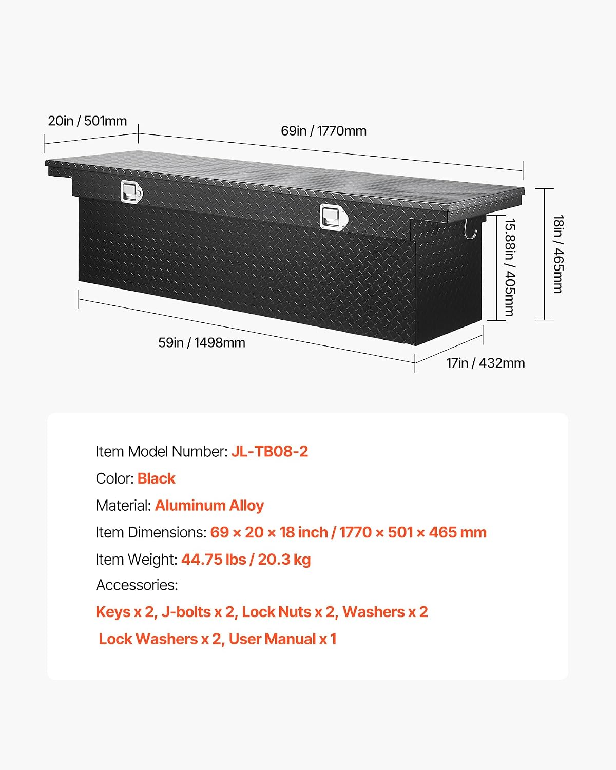 VEVOR Crossover Truck Tool Box, 69x20x18 In, Heavy Duty Aluminum Toolbox with Diamond Texture, Pick Up Truck Bed RV Trailer Toolbox, Waterproof Storage Organizer with Lock, Keys, Side Handles, Black