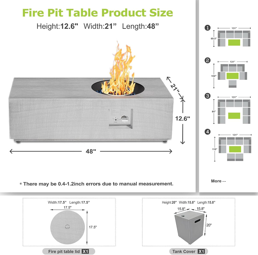 SUNPEAK 48' Outdoor Propane Fire Pit with Round Burner and Lights - 50,000 BTU Fire Pit Table with Lid, Rocks, Cover & Tank Storage - Patio and Deck Gas Fire Pit (Light Grey/Golden Light, 48' LED)
