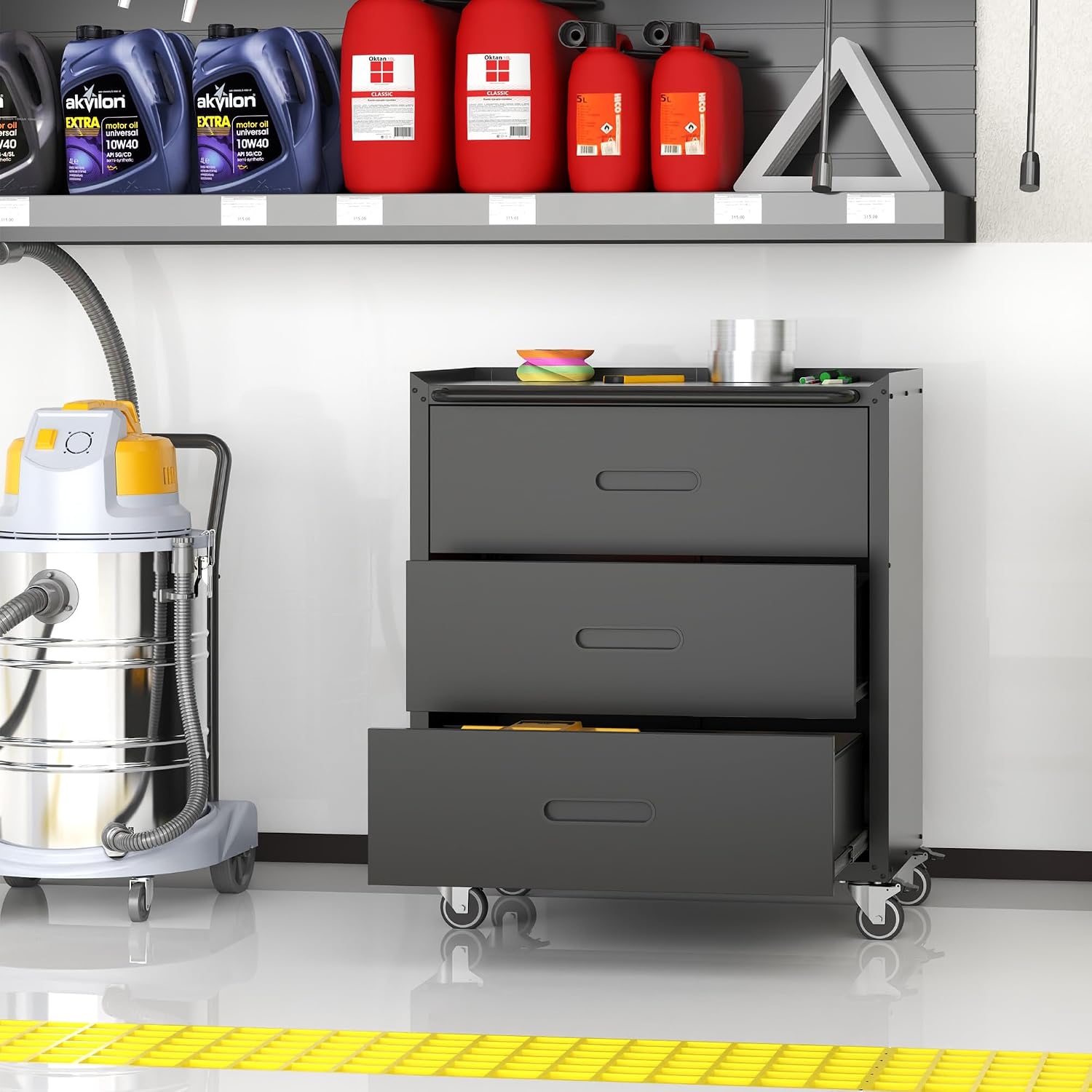 Metal Storage Cabinet with Wheels, Garage Storage Cabinet with 3 Drawers, Rolling Tool Cabinet, Assembly Required, Black