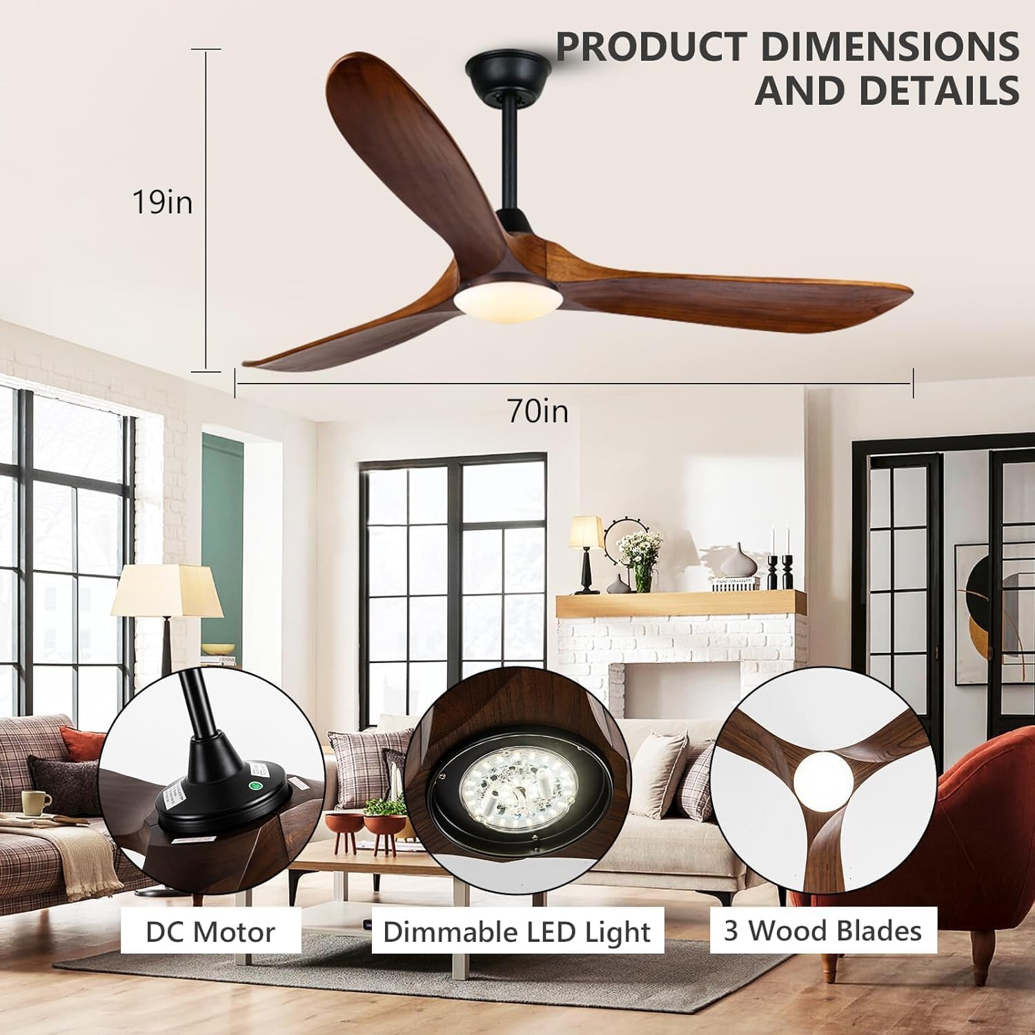 70 inch Ceiling Fan with Lights, Large Outdoor Ceiling Fans for Patios Waterproof, 3 Blades Wood Propeller Ceiling Fan with Reversible Quiet DC Motor for Exterior House Porch Farmhouse Gazebo