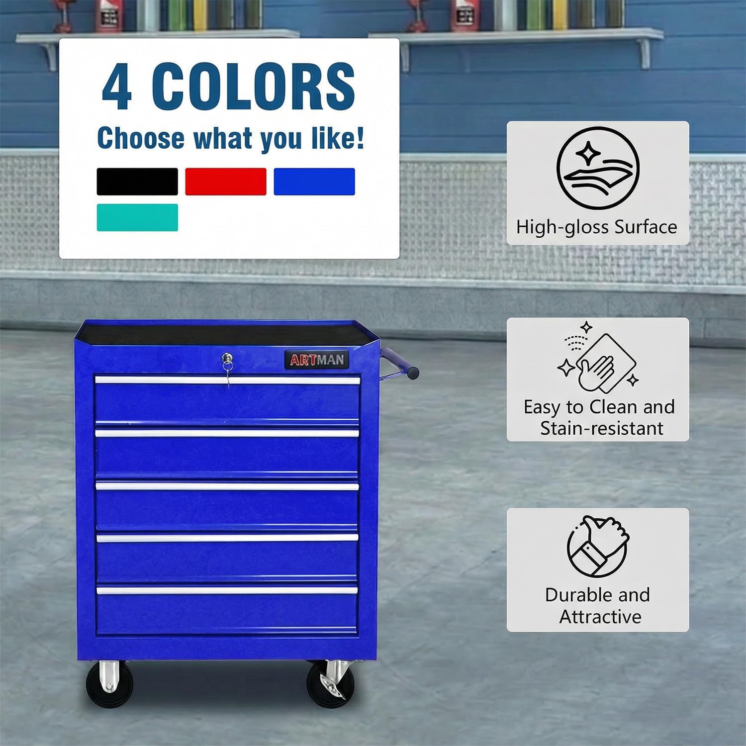 5 Drawers Tool Cart on Wheels,Rolling Tool Chest Tool Storage,Drawers Rolling Tool Trolley Organizer Tool Case for Garage, Warehouse, Workshop, Repair Shop (5 Drawers-Blue)