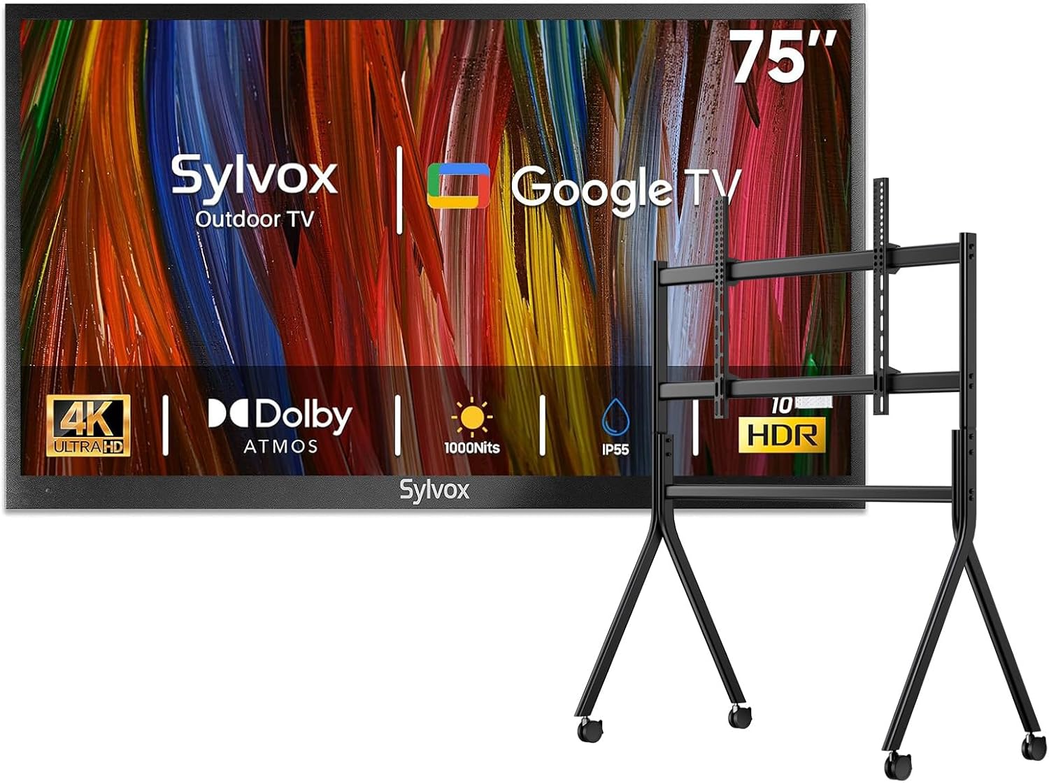 SYLVOX Outdoor TV with Rolling Stand, 75 inch 4K Smart TVs, Weatherproof & IP56 Waterproof, Support Google Assistant, Chromecast, 1000 nit Brightness Partial Sun (Deck Pro 3.0/2026)