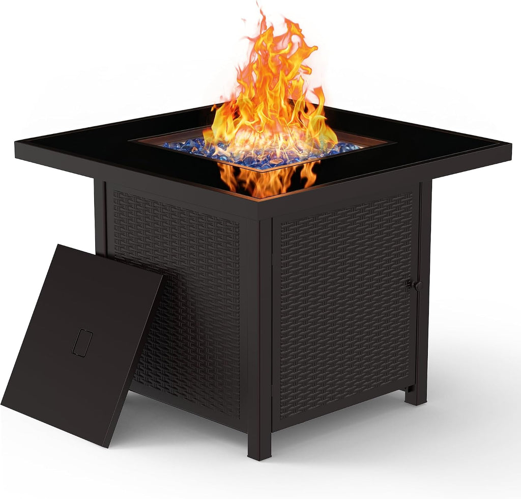 BALI OUTDOORS 32 inch Glass Tabletop Propane Fire Pit Outdoor, 50,000 BTU Propane Fire Pit Table Square, Gas Firepits for Outside Patio, Garden, Brown