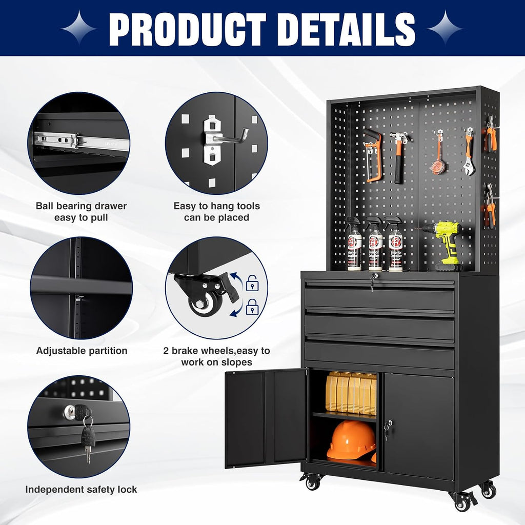 Yizosh Metal Garage Storage Cabinet with Wheels,3-Drawer Rolling Tool Cabinet with 2 Door and Adjustable Shelves,- 71' Steel Tool Cabinet for Warehouse,Garage,Workshop