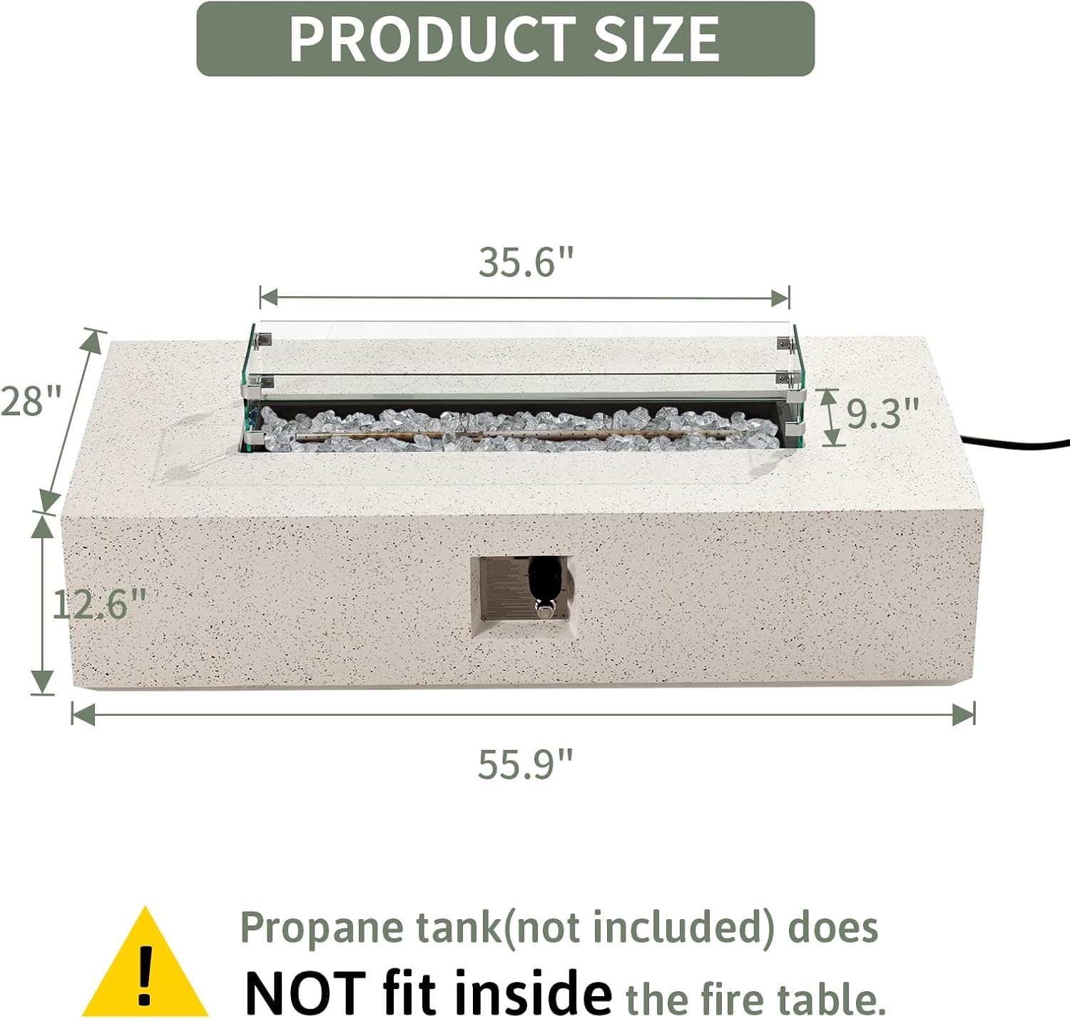 COSIEST Outdoor Propane Fire Pit Table, 56' x 28' Rectangle Terrazzo White Concrete-Like Finish, Certified, 50,000 BTU Stainless Steel Burner w Transparent Gray Fire Glass, Wind Guard, Raincover