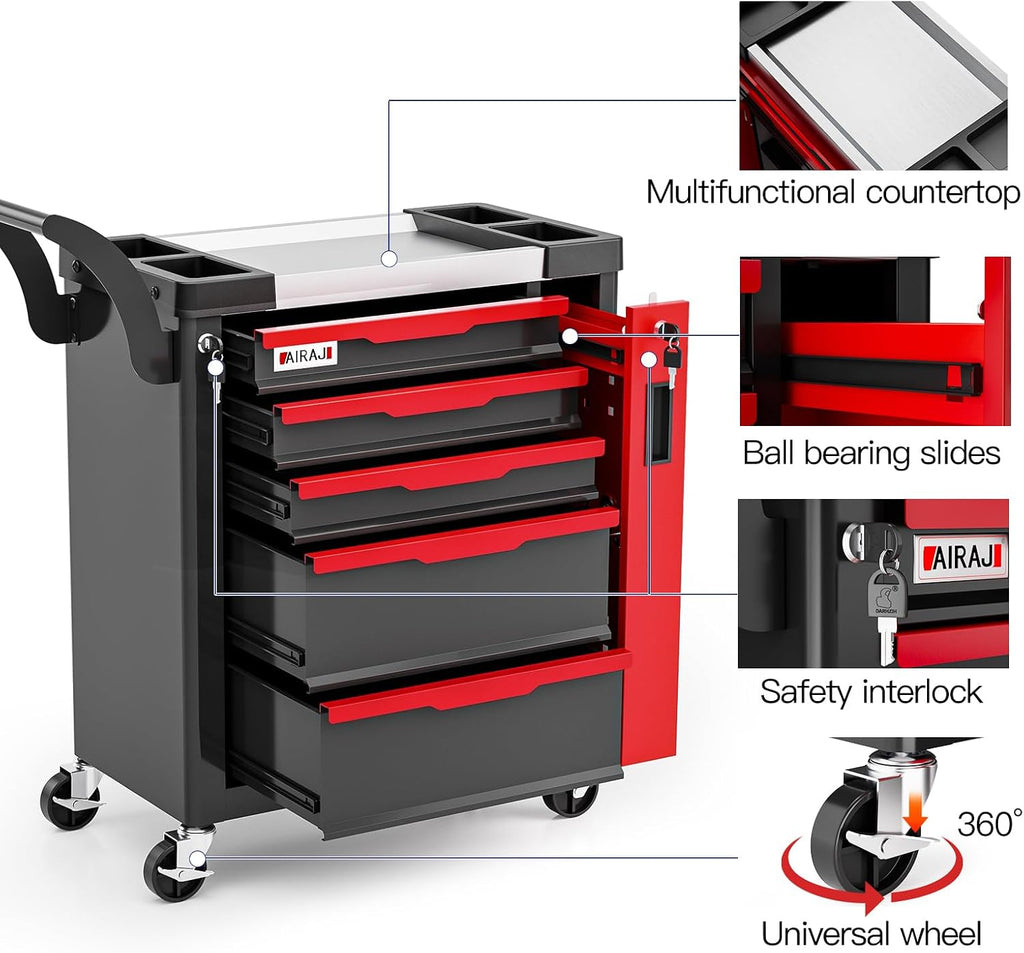 Tool Chest 5-Drawer | Rolling Tool Chest with Wheels/Side Drawer | Drawers Integrated Lockable | Tool Cart/Cabinet with Drawers for Garage Storage,Workshop | Safety Rounded Corner Anti-collision | Red