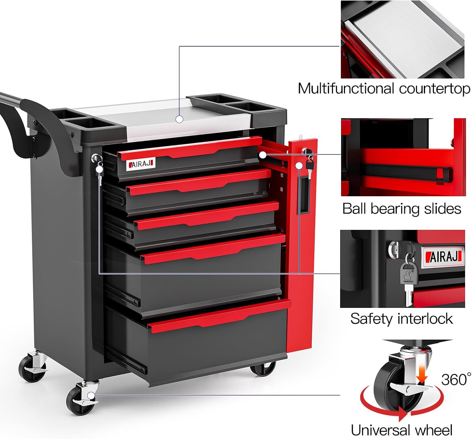 Tool Chest 5-Drawer | Rolling Tool Chest with Wheels/Side Drawer | Drawers Integrated Lockable | Tool Cart/Cabinet with Drawers for Garage Storage,Workshop | Safety Rounded Corner Anti-collision | Red