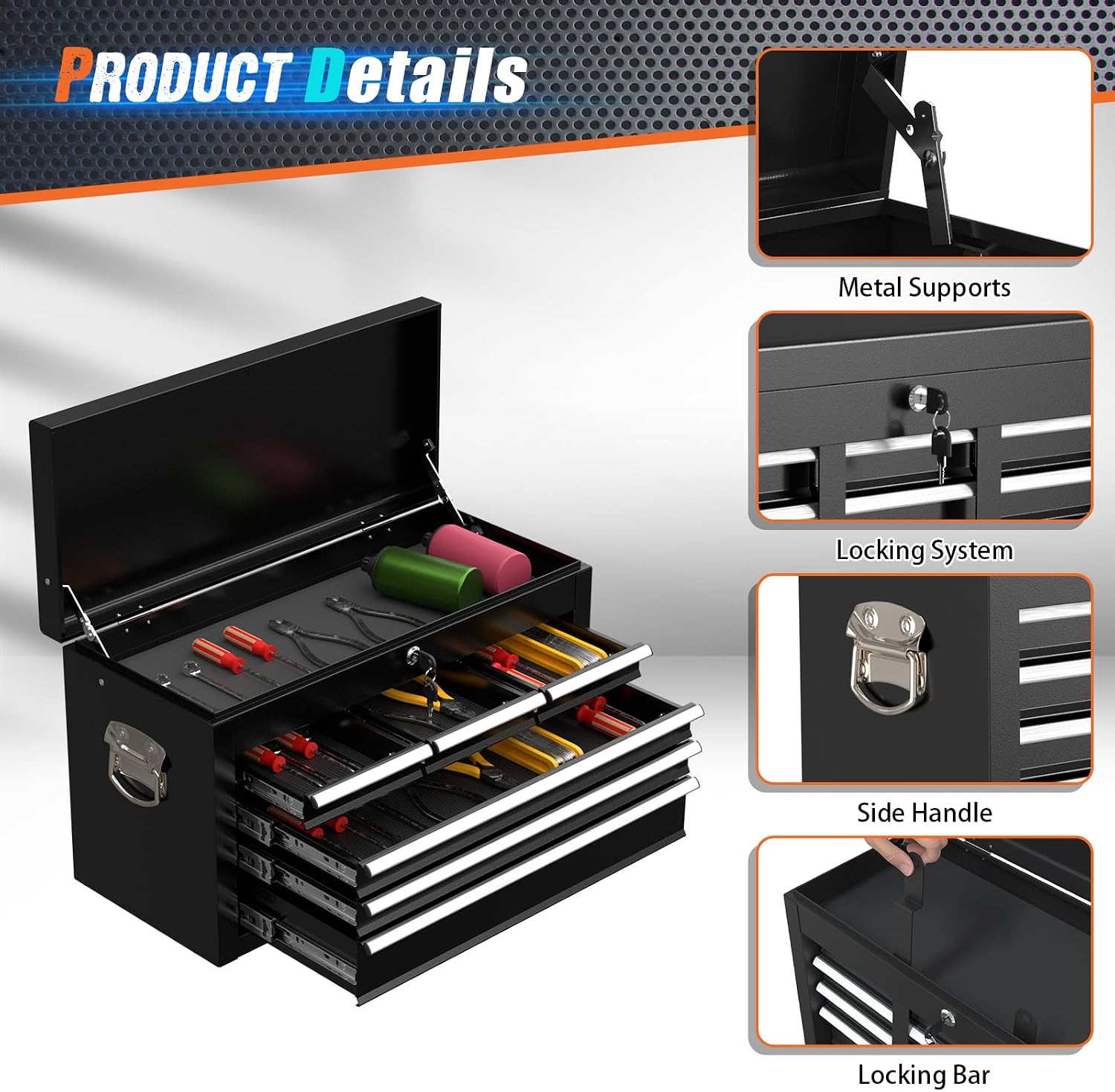 8-Drawer Rolling Tool Chest with Wheels, 2-in-1 Detachable Tool Box with Drawers and Large Cabinet, Rolling Tool Chest Storage Cabinet with Lockable for Warehouse, Garage, Workshop (Black)